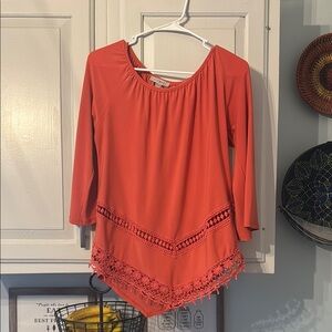 Roz & Ali Orange Asymmetrical 3/4 Sleeve Blouse